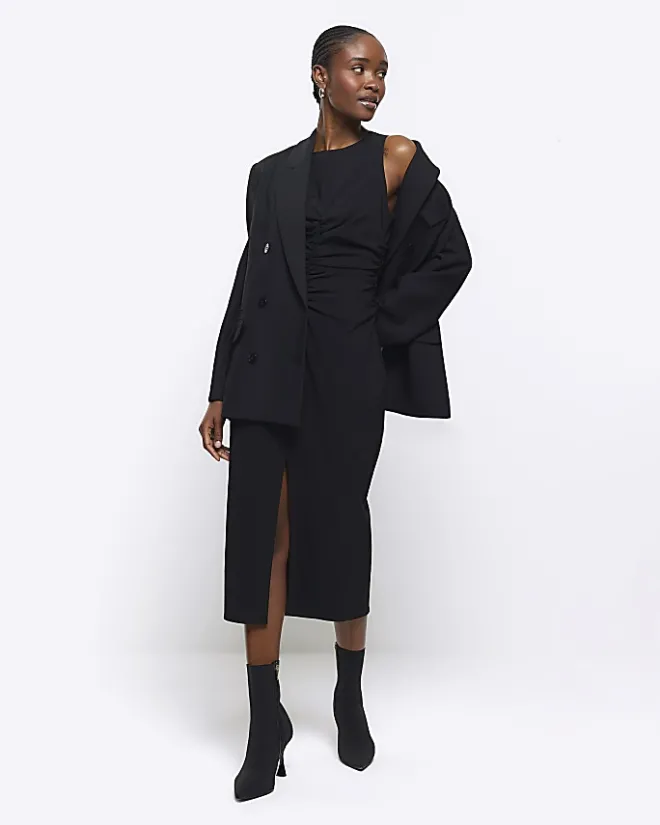 River Island ruched split bodycon midi dress Black Clearance