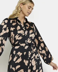 River Island satin animal print midi shirt dress Black Sale