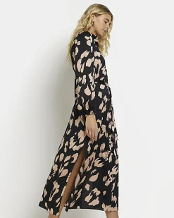 River Island satin animal print midi shirt dress Black Sale
