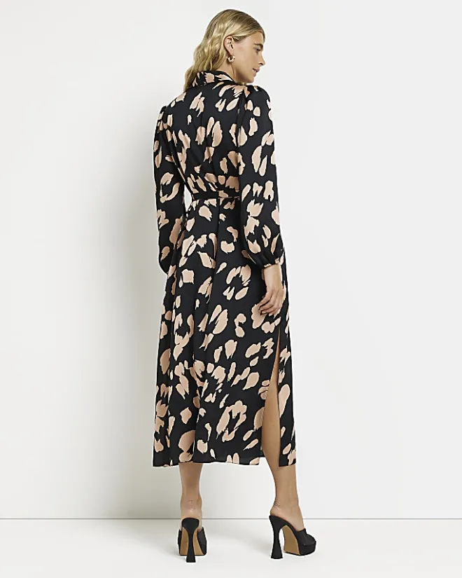 River Island satin animal print midi shirt dress Black Sale
