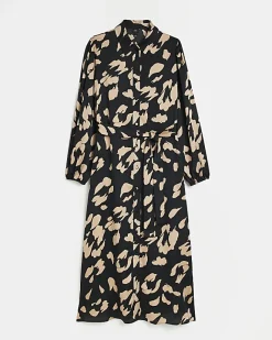 River Island satin animal print midi shirt dress Black Sale