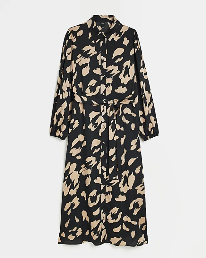 River Island satin animal print midi shirt dress Black Sale