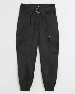 River Island Satin Belted Paperbag Trousers Black Outlet