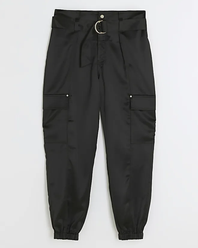 River Island Satin Belted Paperbag Trousers Black Outlet