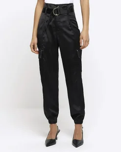 River Island Satin Belted Paperbag Trousers Black Outlet