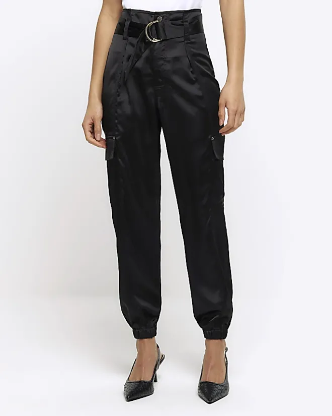 River Island Satin Belted Paperbag Trousers Black Outlet