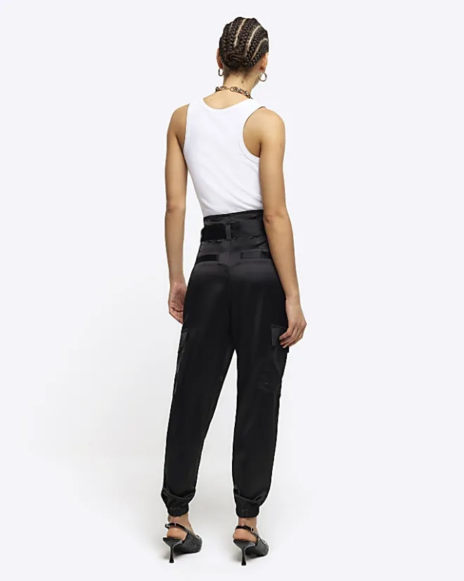 River Island Satin Belted Paperbag Trousers Black Outlet