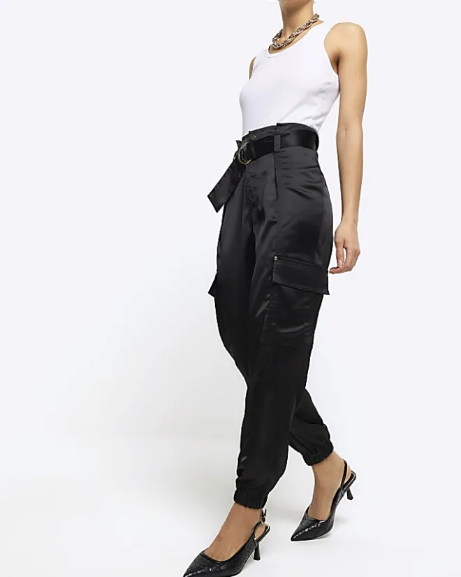 River Island Satin Belted Paperbag Trousers Black Outlet