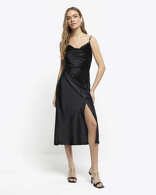 River Island satin belted slip midi dress Black New