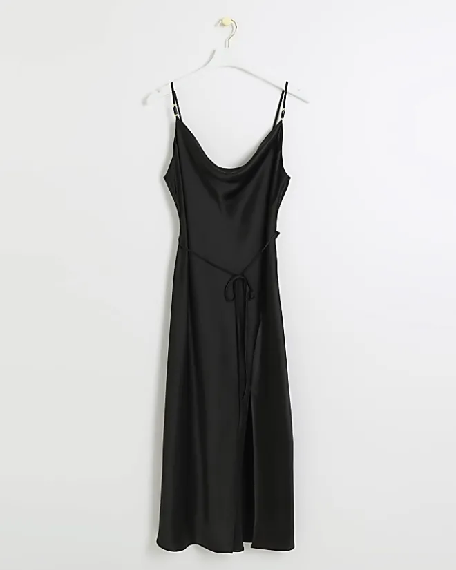 River Island satin belted slip midi dress Black New