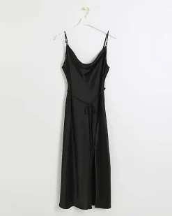 River Island satin belted slip midi dress Black New