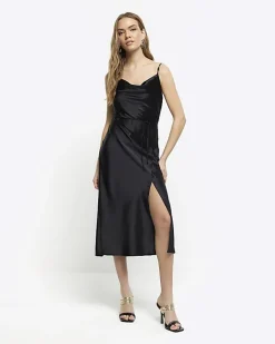 River Island satin belted slip midi dress Black New
