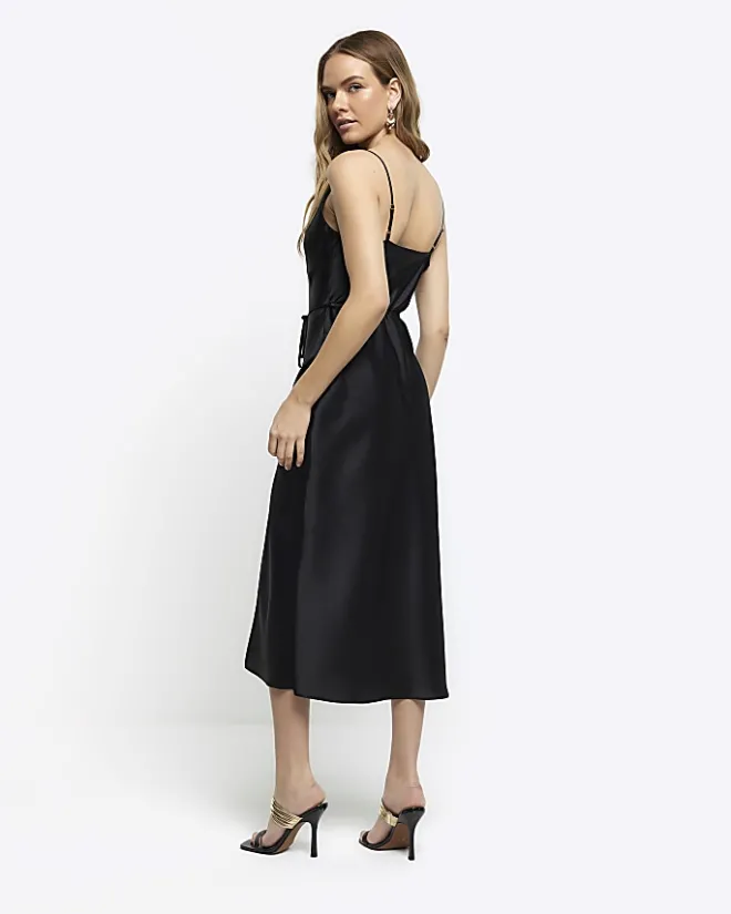 River Island satin belted slip midi dress Black New
