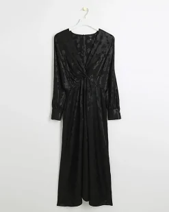 River Island satin floral twist shift midi dress Black New