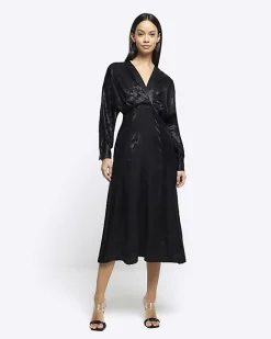 River Island satin floral twist shift midi dress Black New