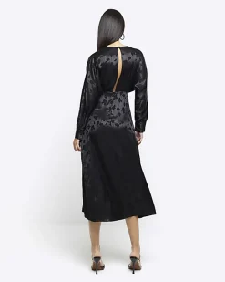 River Island satin floral twist shift midi dress Black New