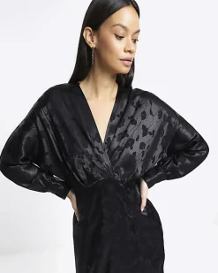 River Island satin floral twist shift midi dress Black New