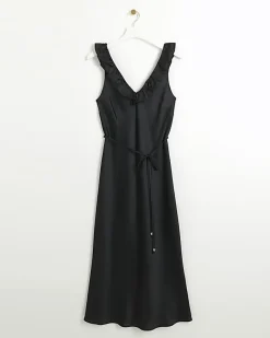 River Island satin frill trim slip midi dress Black Discount