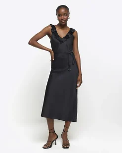 River Island satin frill trim slip midi dress Black Discount