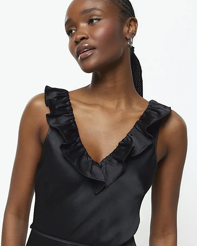 River Island satin frill trim slip midi dress Black Discount