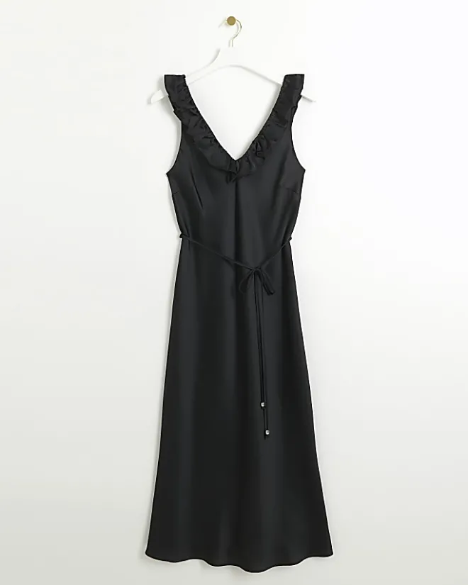 River Island satin frill trim slip midi dress Black Discount