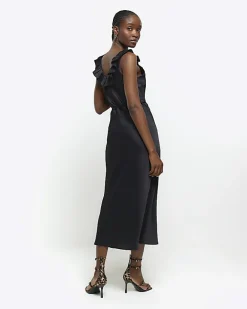 River Island satin frill trim slip midi dress Black Discount