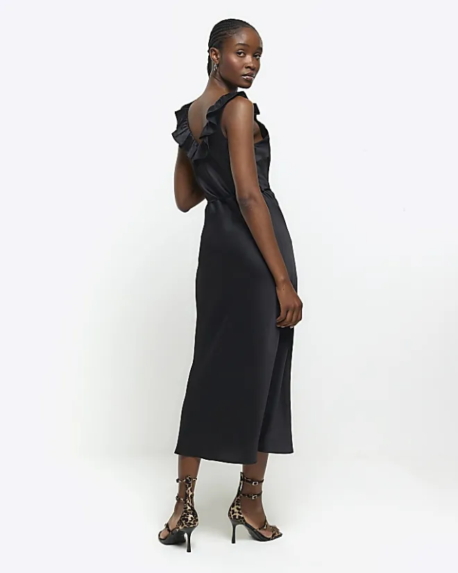 River Island satin frill trim slip midi dress Black Discount
