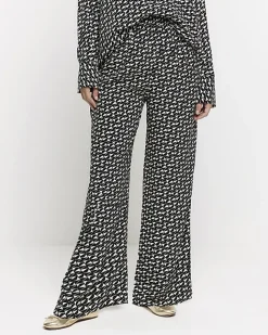 River Island satin geometric wide leg trousers Black Sale