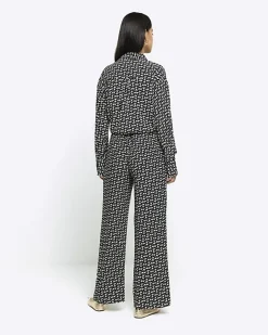 River Island satin geometric wide leg trousers Black Sale