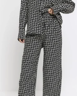 River Island satin geometric wide leg trousers Black Sale