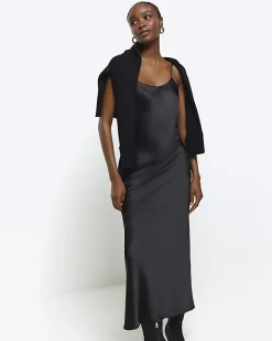 River Island satin high neck hybrid maxi dress Black New