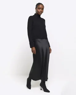 River Island satin high neck hybrid maxi dress Black New