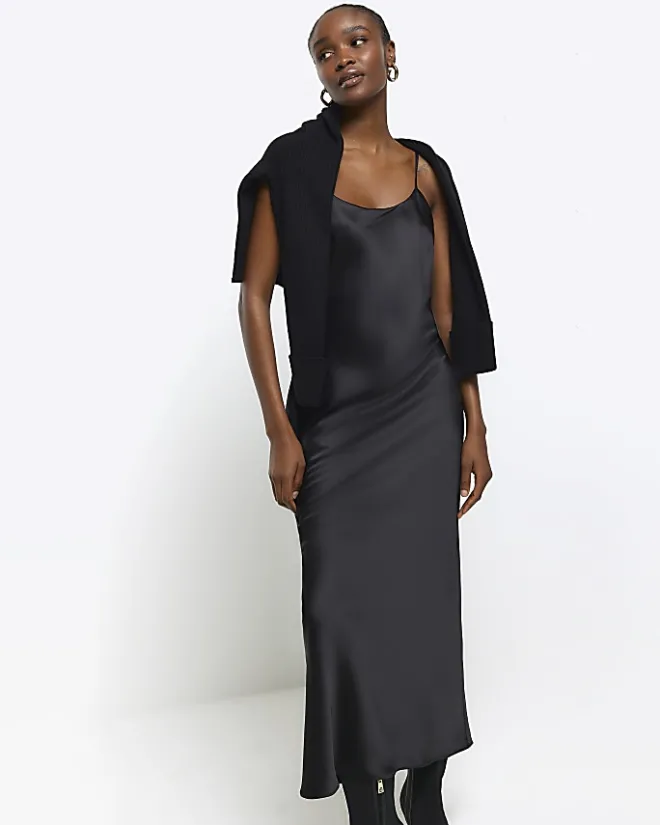 River Island satin high neck hybrid maxi dress Black New
