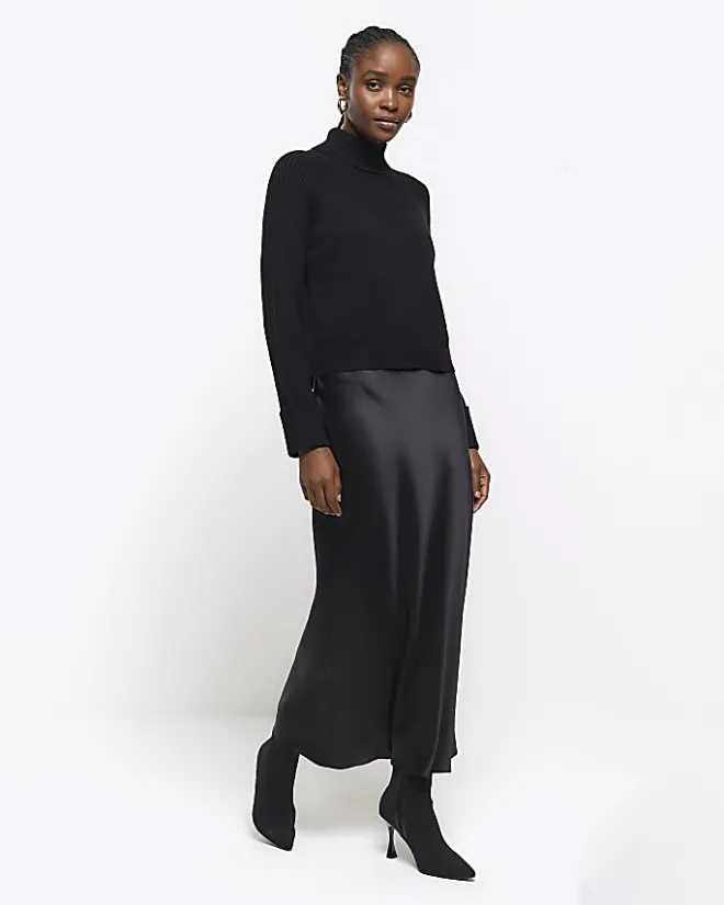 River Island satin high neck hybrid maxi dress Black New