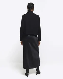 River Island satin high neck hybrid maxi dress Black New