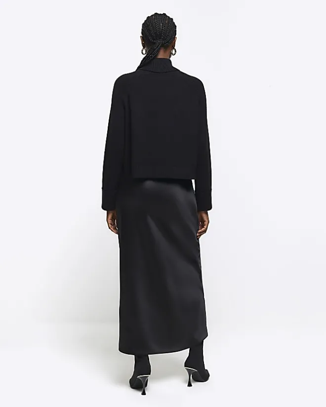 River Island satin high neck hybrid maxi dress Black New
