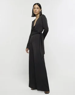 River Island satin knot detail jumpsuit Black Best