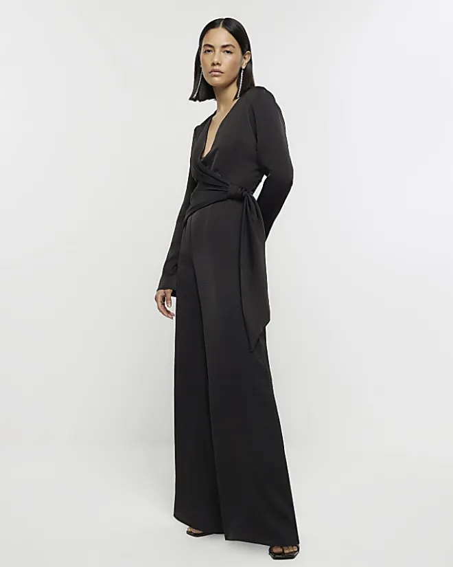 River Island satin knot detail jumpsuit Black Best