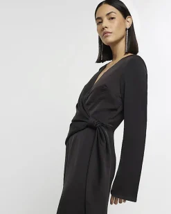 River Island satin knot detail jumpsuit Black Best