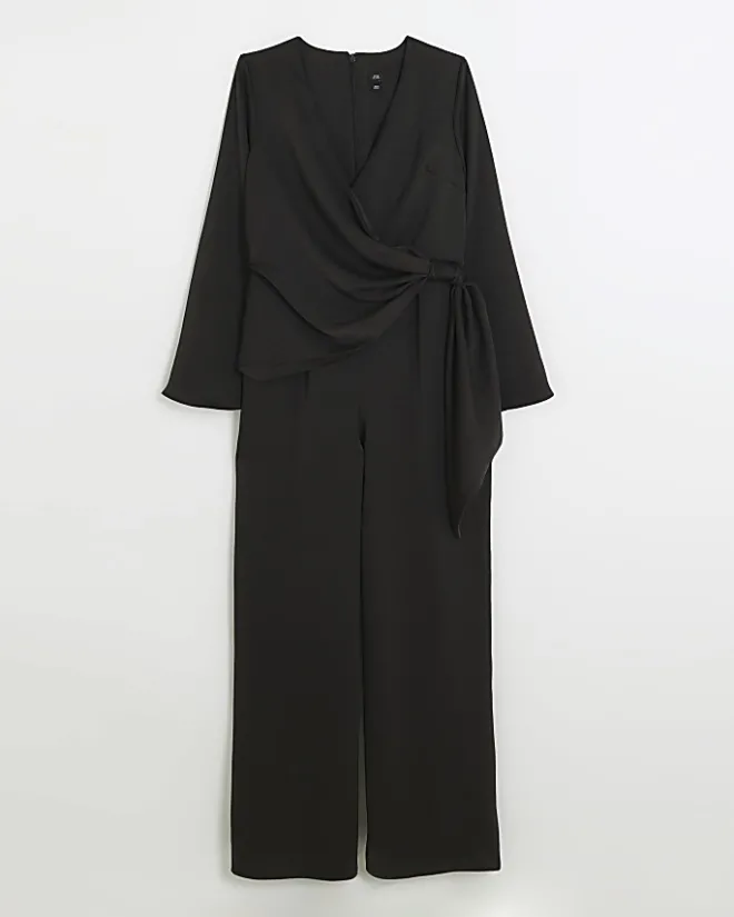 River Island satin knot detail jumpsuit Black Best