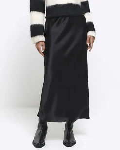 River Island Satin Midi Skirt Black Discount