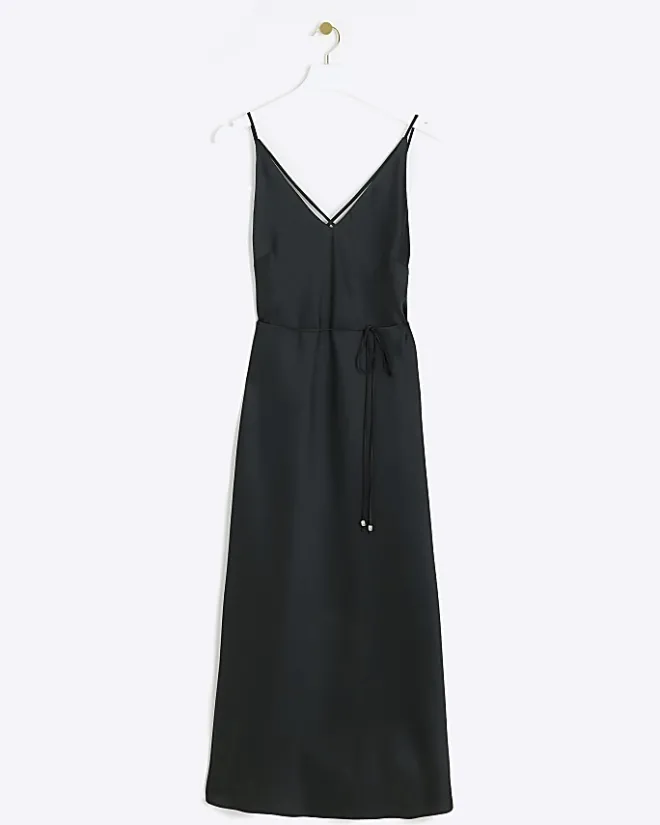 River Island satin strap slip midi dress Black Hot