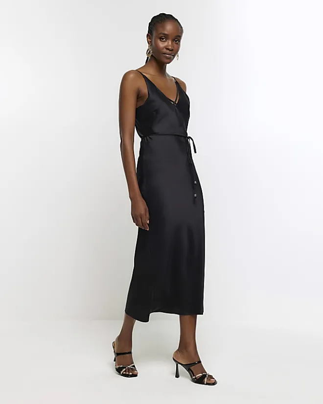 River Island satin strap slip midi dress Black Hot