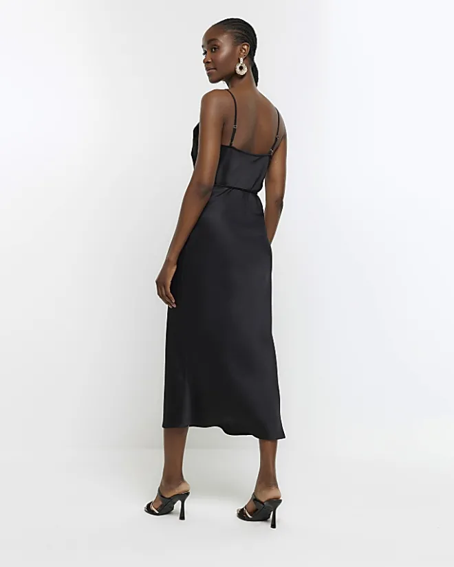 River Island satin strap slip midi dress Black Hot