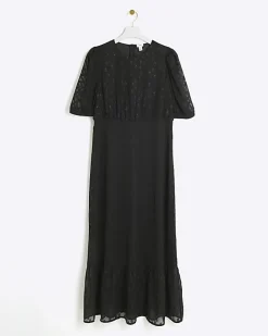 River Island satin textured skater midi dress Black New