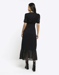 River Island satin textured skater midi dress Black New