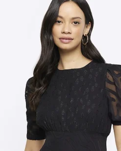 River Island satin textured skater midi dress Black New