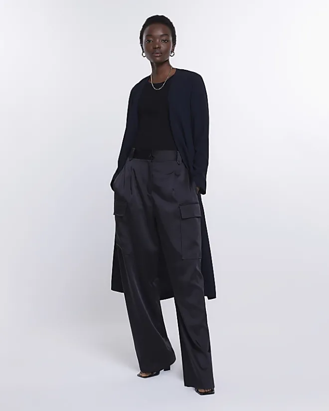 River Island Satin Tie Waist Duster Jacket Black Outlet