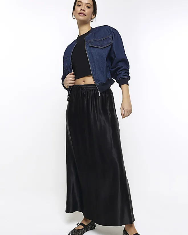River Island satin tie waist maxi skirt Black Best