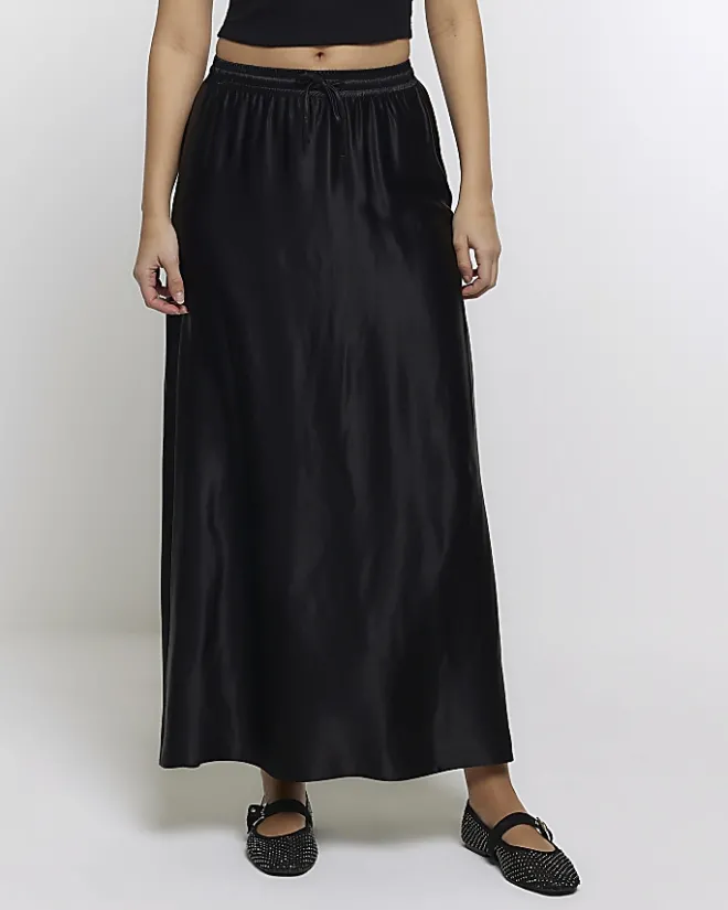 River Island satin tie waist maxi skirt Black Best